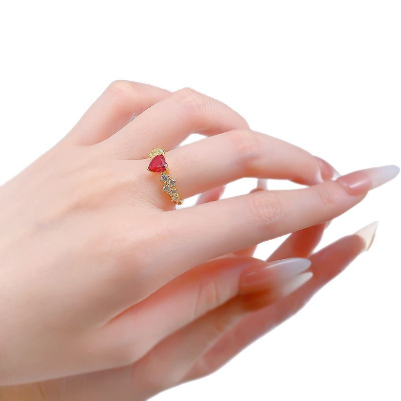 S925 Sterling Silver Gold-Plated Heart-Shaped Ruby Ring with Zirconia for Women, Elegant and Trendy Everyday Jewelry.