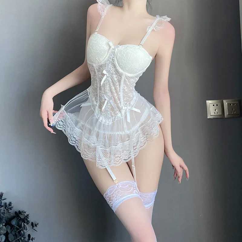 Porno Lingerie Lace Sexy Mesh Steel Ring Bra Vest Skirt Hollow Backless Set Temptation Slim Sling Skirt Couples Sex Homewear R250520