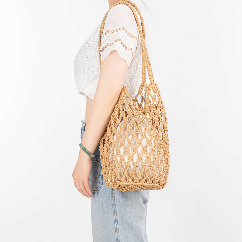 Cotton Thread Hand Woven Bag for Womens Beach Big Bag New Summer Vacation Beach Bucket Shoulder Bag for Women