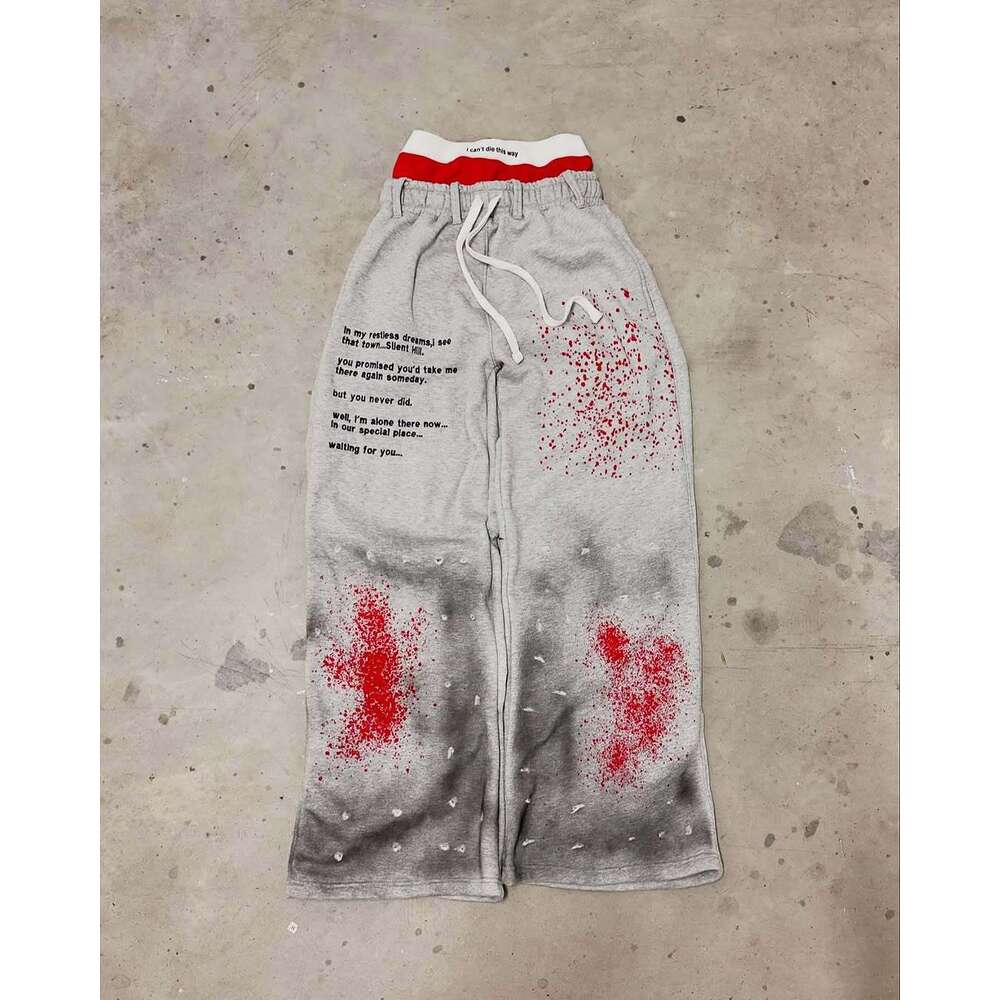 American Gothic style old inkjet painted letter printing double-layer sports casual pants for men, loose fitting hip-hop rap street