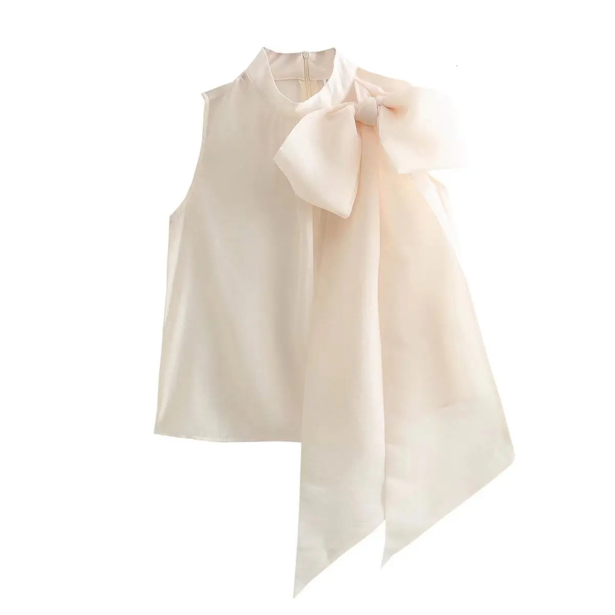 Zevity Women Chic Stand Collar Big Bow Tied Solid Color Casual Slim Blouse Lady Sleeveless Vest Shirt Zipper Tops LS9195 250520
