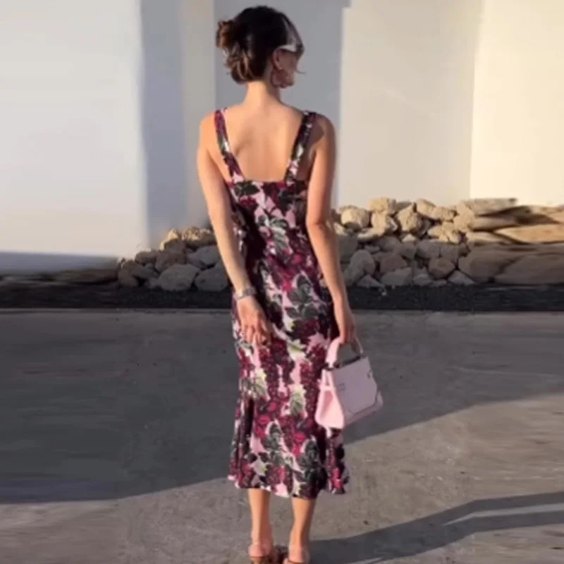 TRAF Womens Print Slip Dresses Summer Elegant Party Evening Fruit Sleeveless Backless Vestidos Floral 250520