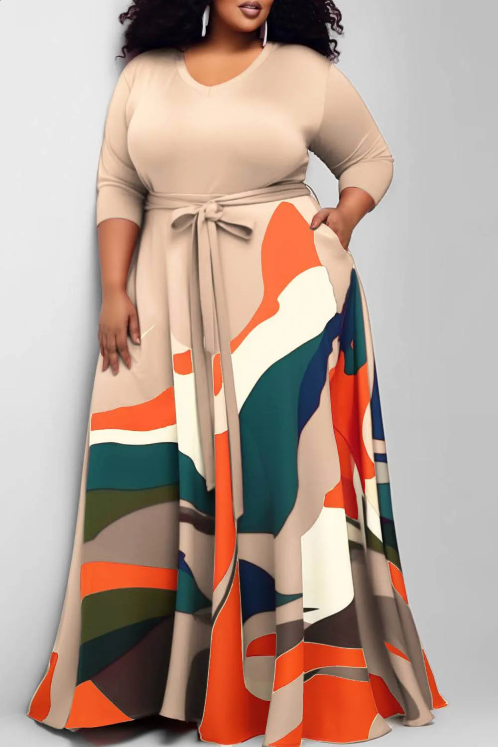 Plus Size Casual Dress Red All Over Print Round-Neck Knitted Maxi Dress With Pocket 250519