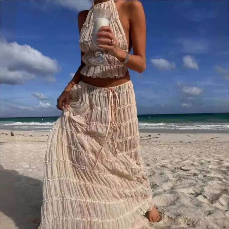Sexy Backless Halter Strappy Pleated Lace Vest Long Skirt Suit For Women Fashion Dress Sets Solid Summer Beach Party Outfits 250520