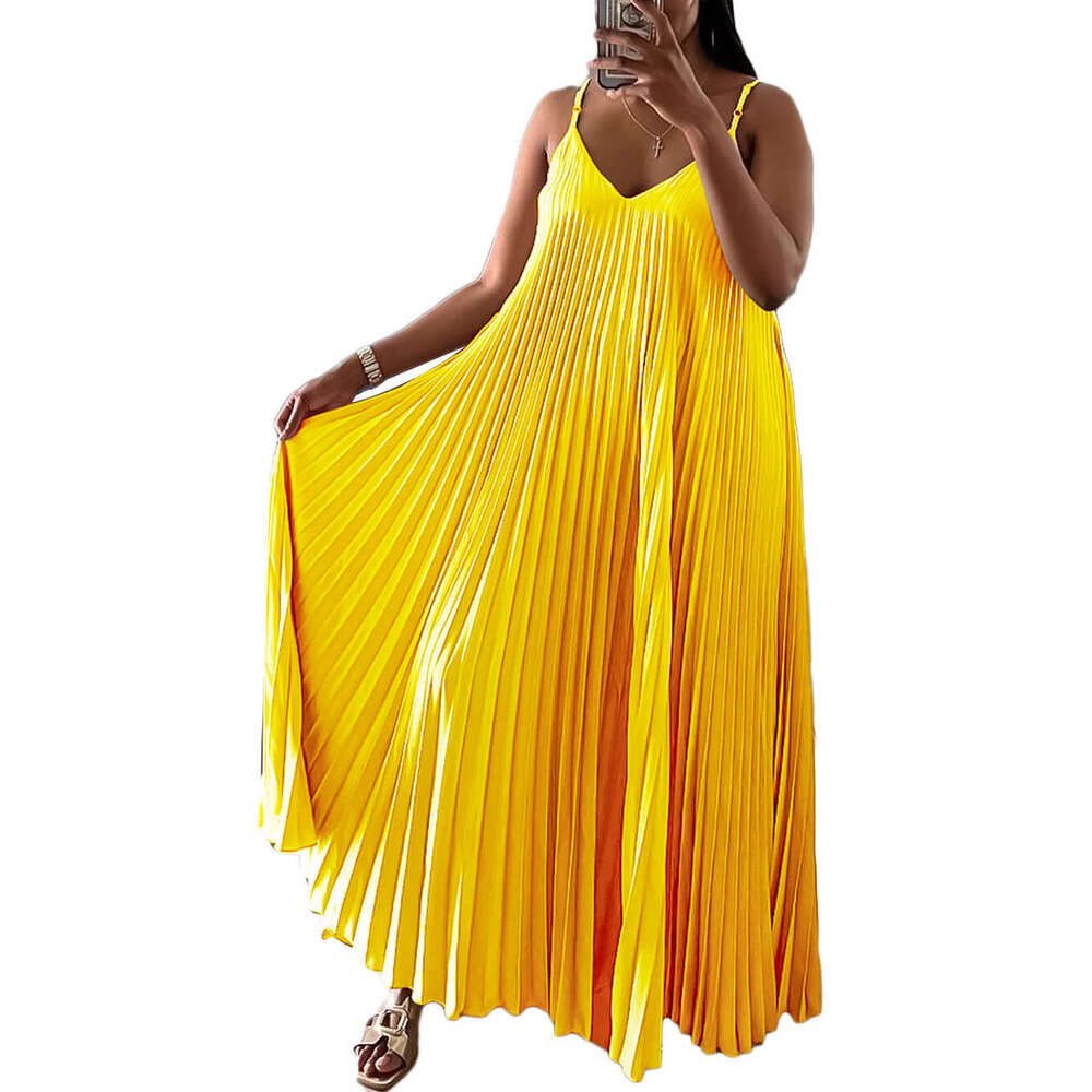 Women's Wear Women's New Summer Vacation Style Pleated V-Neck Beach Strap Long Dress