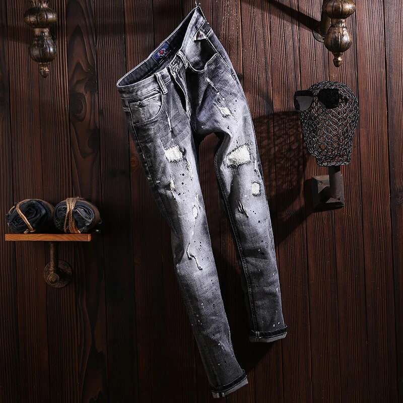 Street Fashion Men Retro Black Gray Stretch Slim Fit Hole Patched Ripped Jeans Painted Designer Vintage Denim Pants Hombre