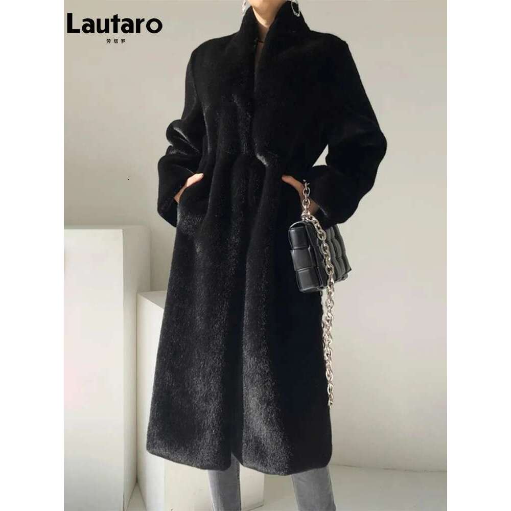 Lautaro Winter Long Black Elegant Stylish Thick Warm Fluffy Hairy Soft Faux Mink Fur Coat Women Stand Collar Sashes 2023 250520