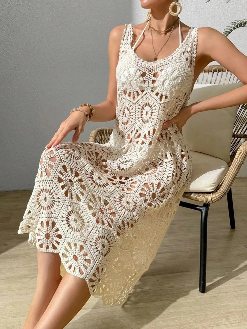 3D Flower Knitted Sling Long Dress Women Sexy Deep Vneck Backless Sleeveless Lace Up Femme Robes Summer Beach Dresses 250520