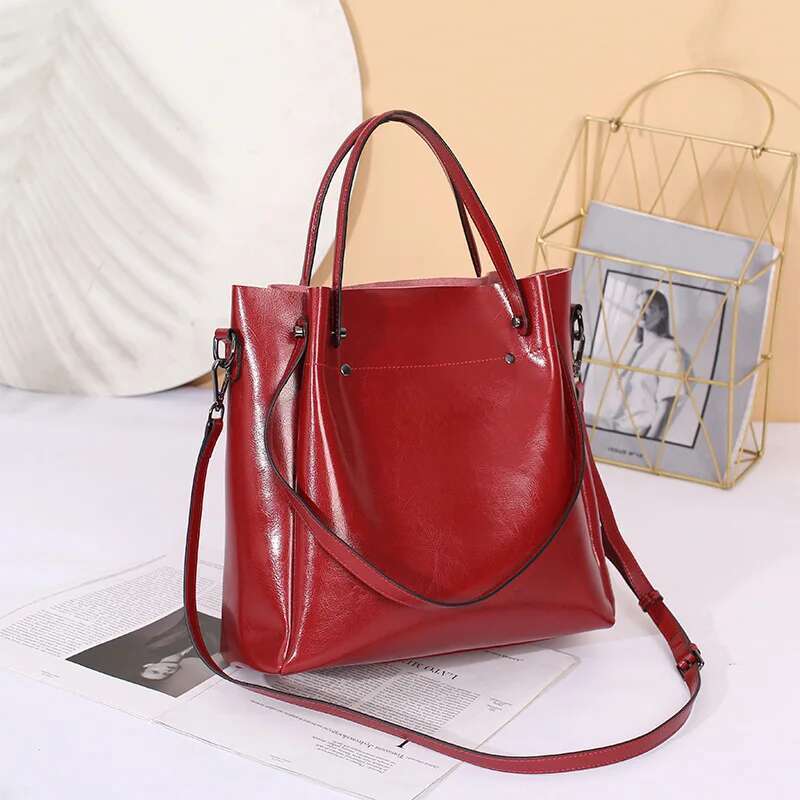 Fashion Genuine Women's Bags European And American Style Oil Waxed Shiny Leather Large Capacity Handbag Cowhide