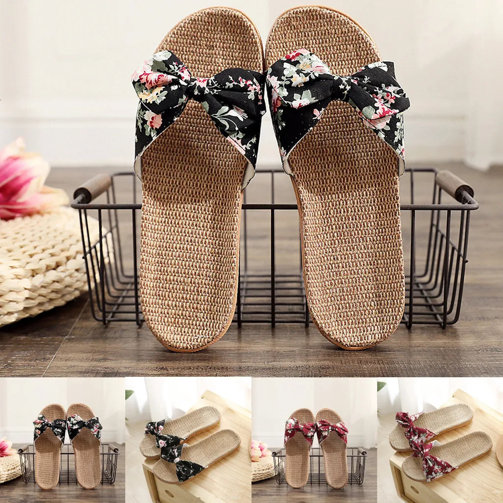 Casual Sneakers For Home Slippers Summer Fashion Bow-Knot Soft Floor Woman Indoor Flats Shoes Cute Linen Slipper 250519