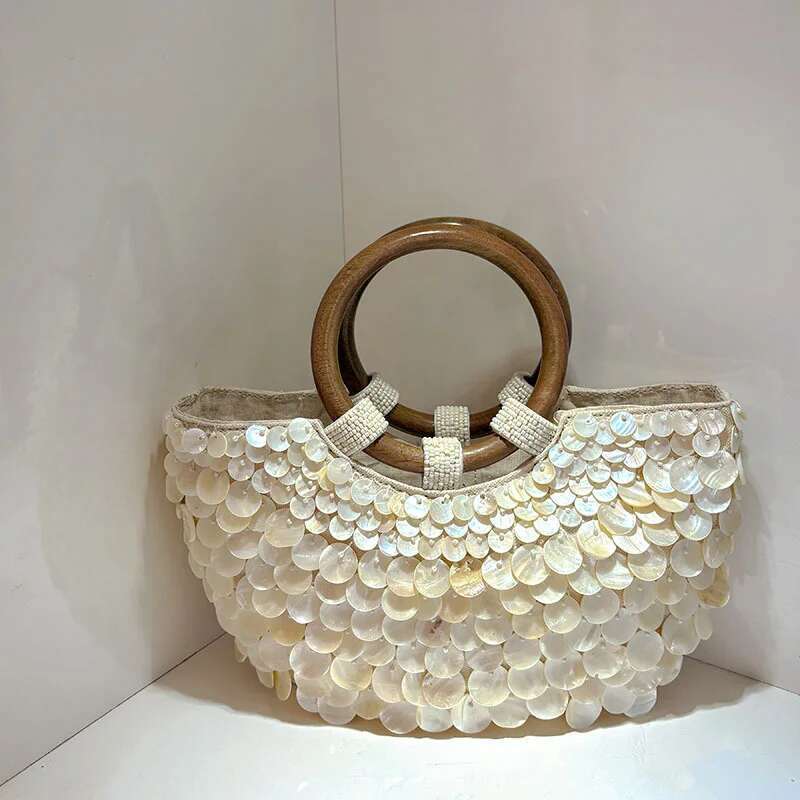 Designer Fairy Shell Handbag, Handmade Round Sequin Wooden Handle Tote Bag,Women Exquisite Beach Travel Vacation Purse