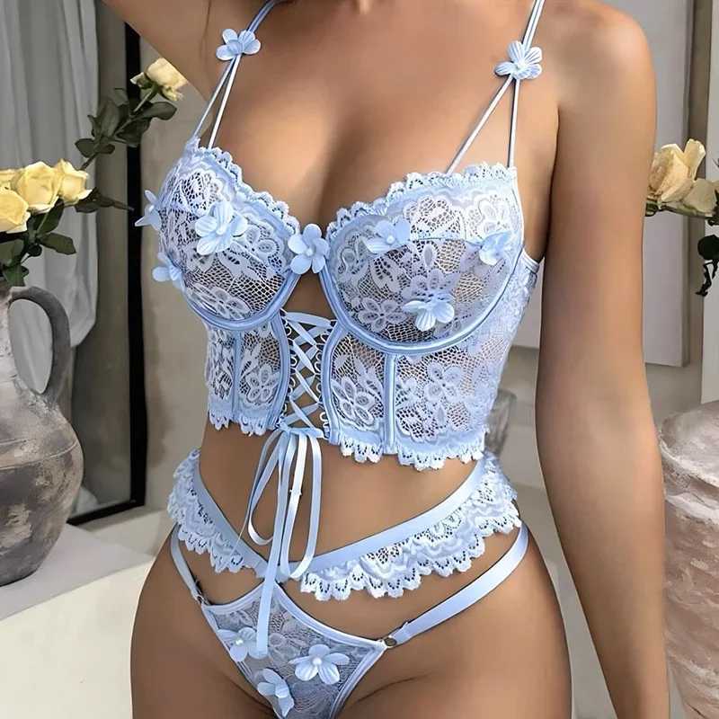 Sexy Lingerie Strap Underwire Lace Bra for Women Sexy Beaded 3D Flower Hollow Out See-through Lace Up Underwear Set New R250520