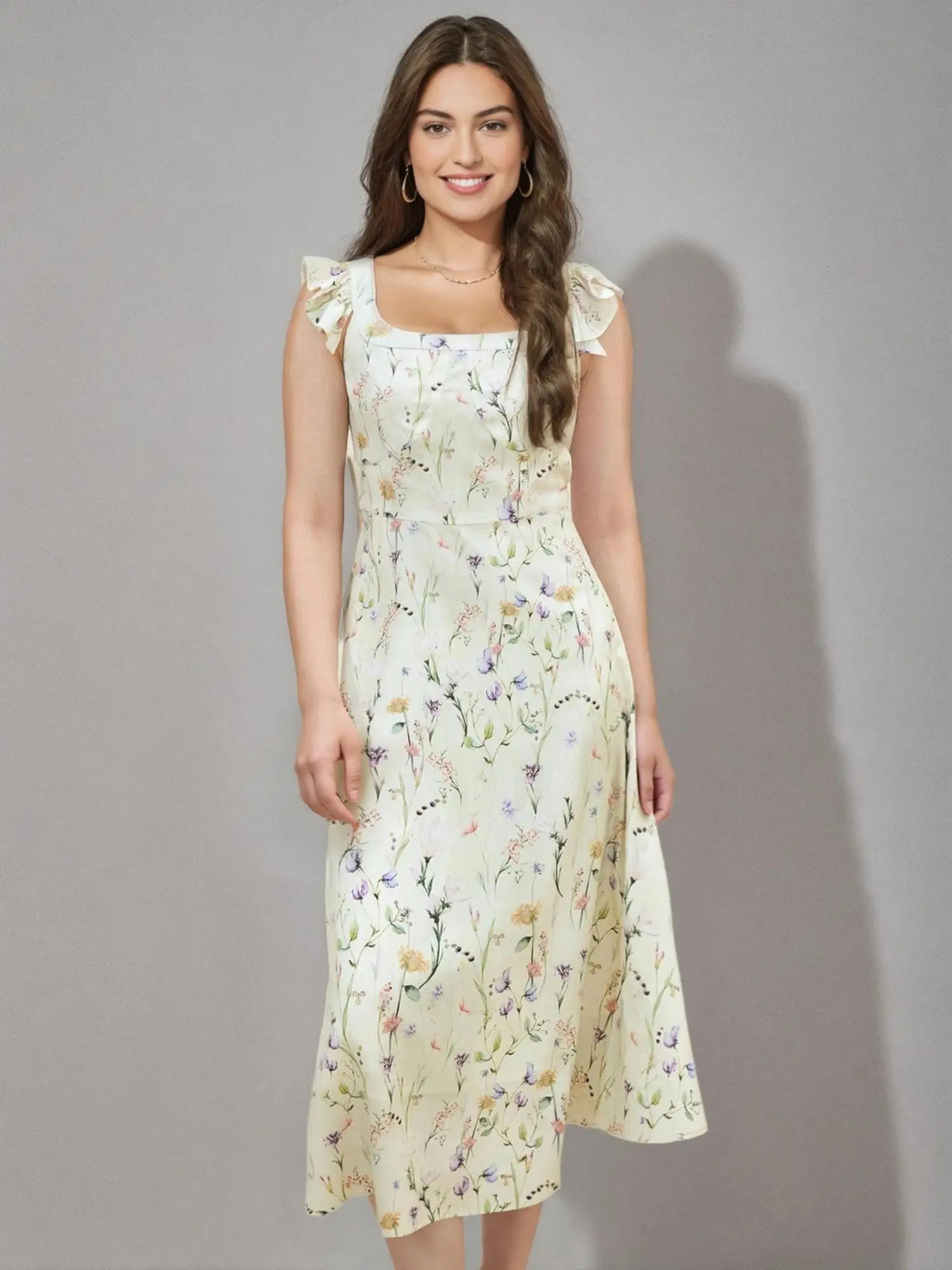 DUSHU French Style Flying Sleeves Gentle Women Floral Dress Summer High Waist Slim Strappy Dresses 25DS82225 250520