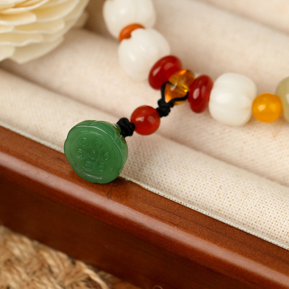 New Chinese White Jade Bodhi Root Hand String China-Chic Lotus Pendant Buddha Beads Bracelet Female Jewelry