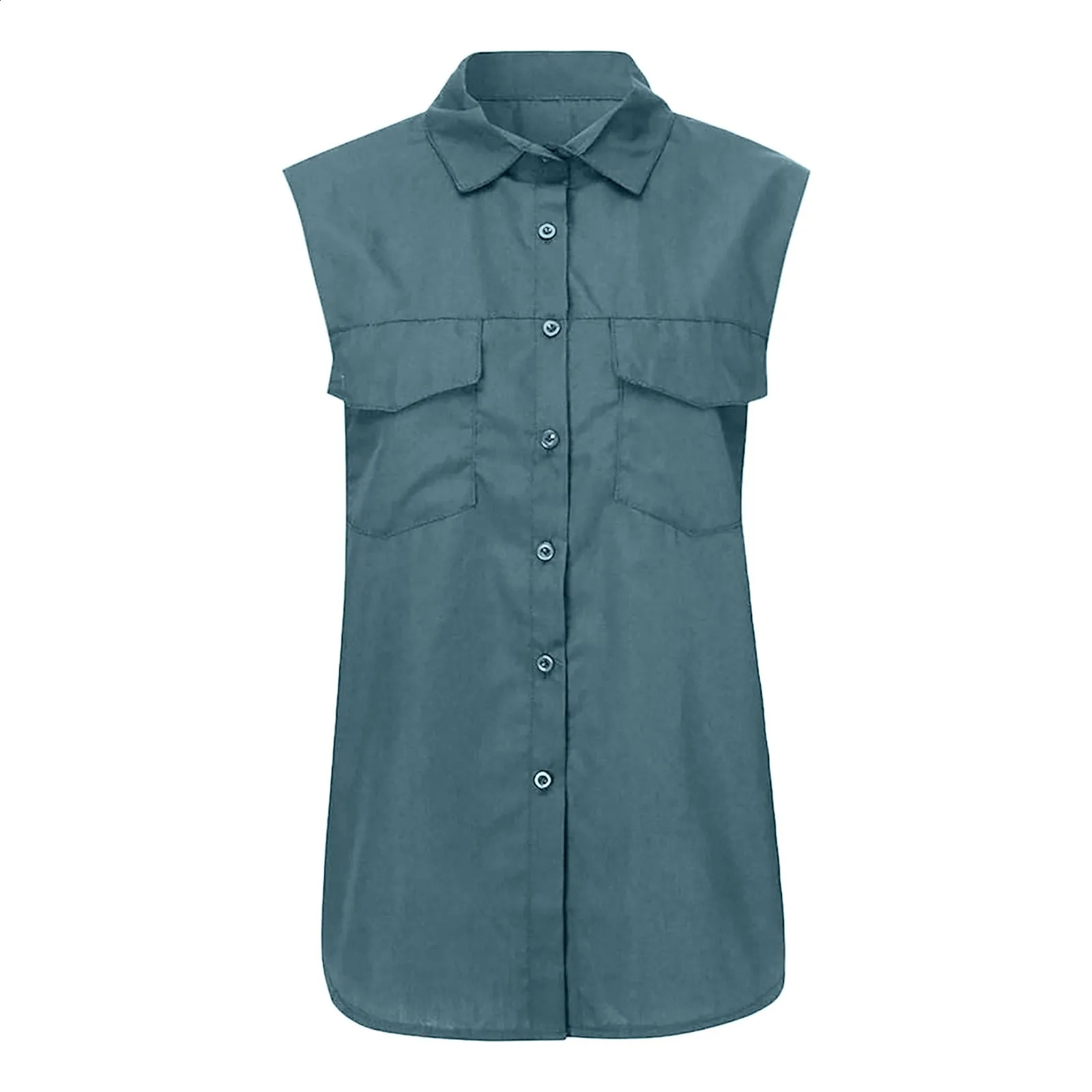 Women Casual Solid Sleeveless Blouse Turn Down Pockets Buttons Lapel Versatile TShirts Fashionable Street Outdoor Summer Top 250516Z