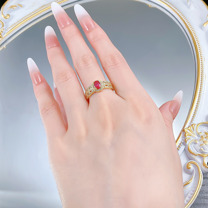 S925 Silver 4*6mm Oval Ruby Ring with Gold Plating and Diamond Embellishments - Elegant and Versatile Everyday Accessory