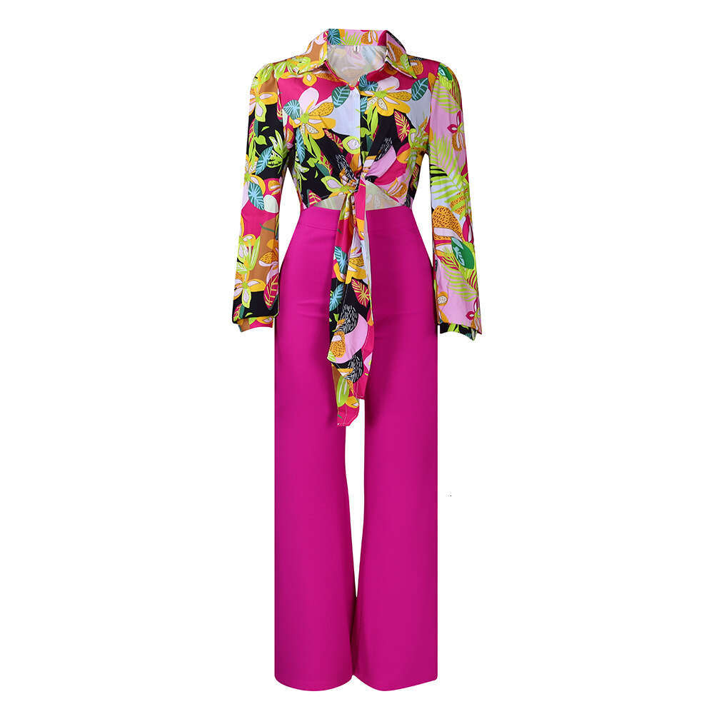 hoodie Women's Wear D3241 Women's Clothing Autumn Print Flip Collar Long Sleeved Shirt Top Wide Leg Pants Two Piece Set jacket