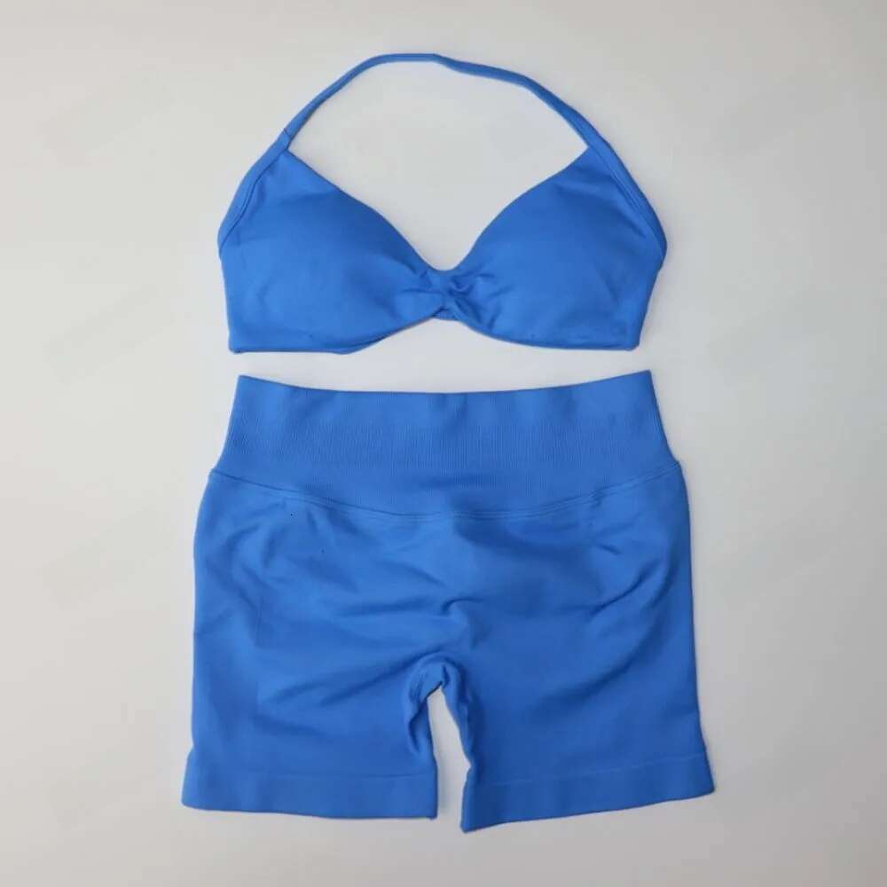 Designer 2 Piece Seamless Yoga Set High Waist Scrunch Shorts Strappy Sports Bra Backless Workout Outfit Gym Clothes for Women
