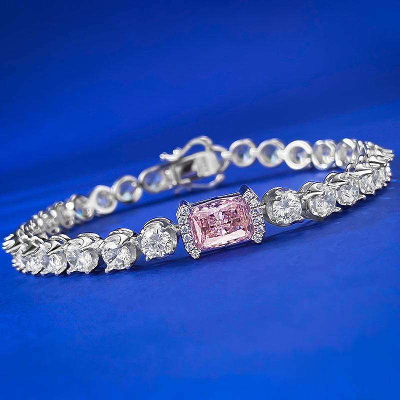 New S925 Silver Ice Flower Cut 6x8 Pink Diamond Inlaid Cluster Diamond Bracelet, Elegant Luxury Design