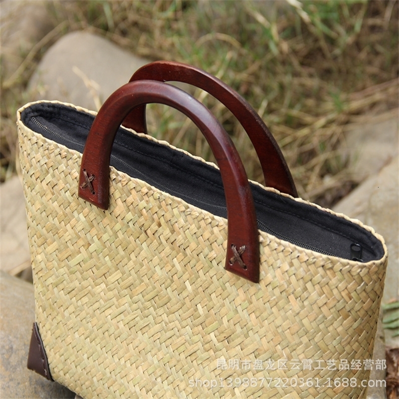 Straw bag woven womens bag rattan bag straw bag wooden handle handbag new bag 241127