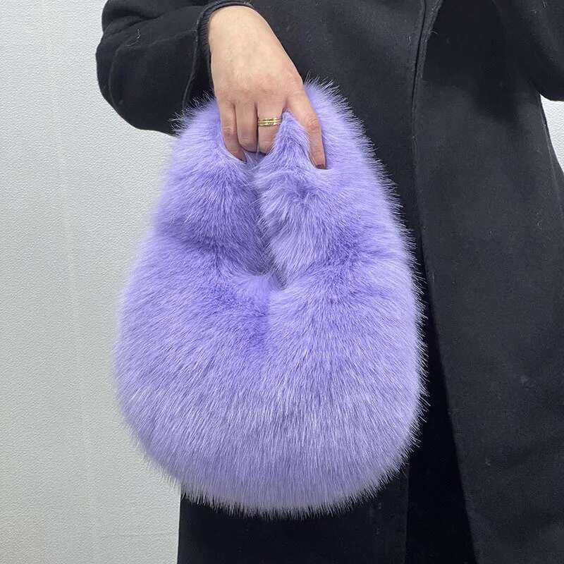 Hot Selling Fashion Soft Plush Half Moon Bags For Women Designer Fluffy Faux Fur Lady Handbags Small Tote Female Winter Purses Designer Bags