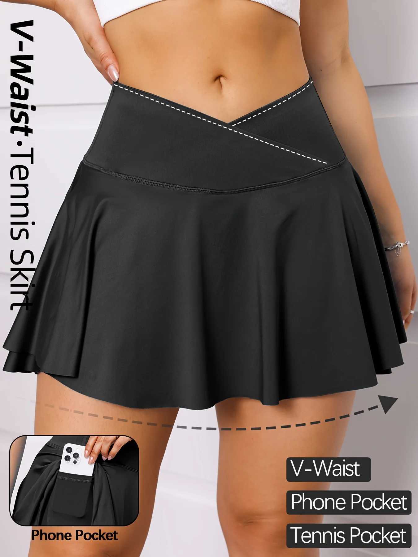 Womens V-Waist Sports fake two pieces Skirt With Pockets For TennisBadmintonYogaFitnessRunningMarathonXJ250520