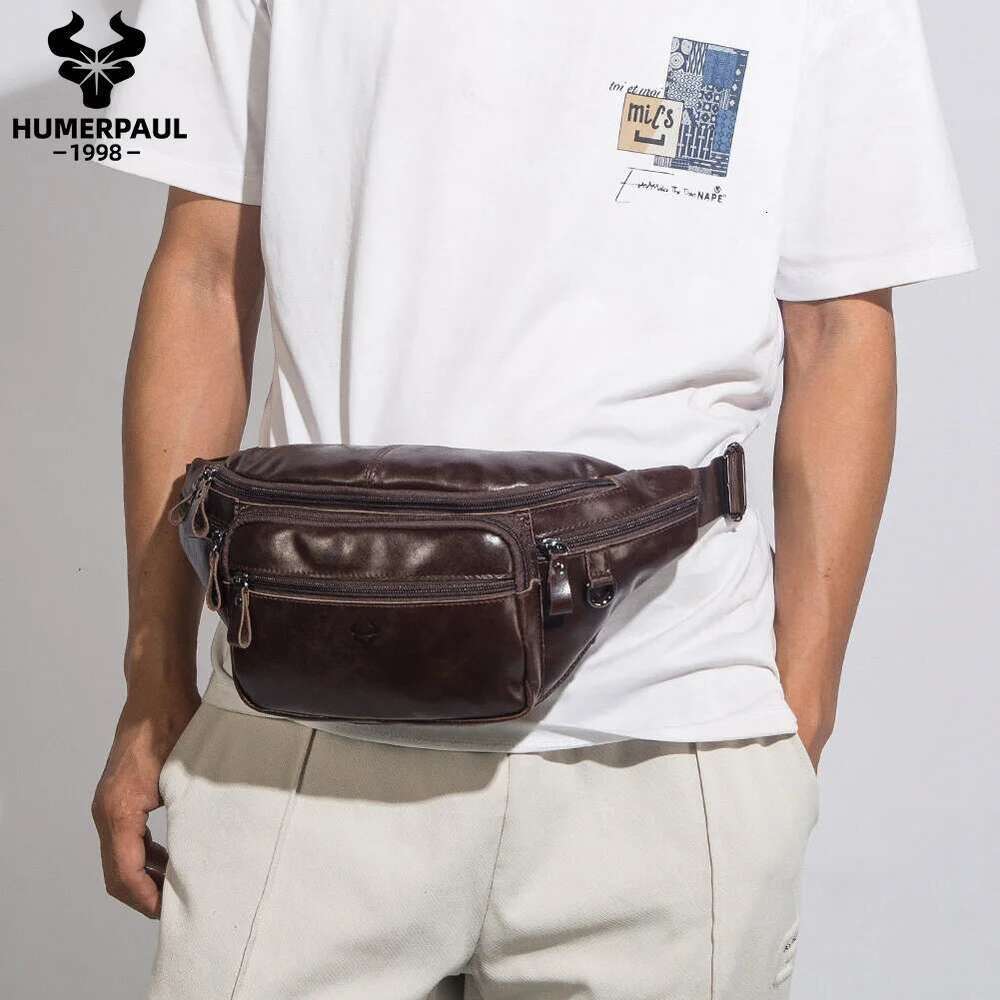 HUMERPAUL Genuine Leather Waist Casual Fanny Pack For Men Multifunction Outdoor Chest Bag Phone Pouch Travel Crossbody Bages