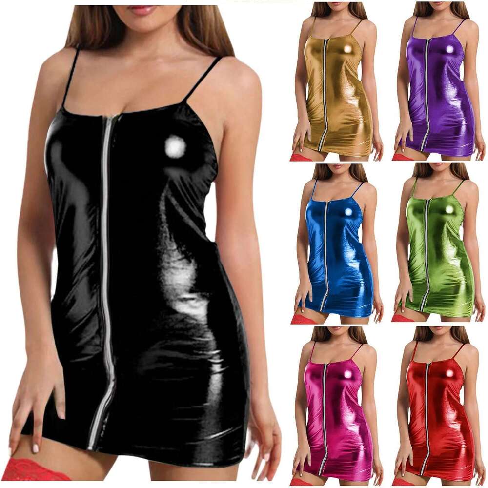Sexy Women Pvc Mini Night Club Bodycon Party Short Dress Sleeveless Zipper Backless Shiny Leather Body Lingerie