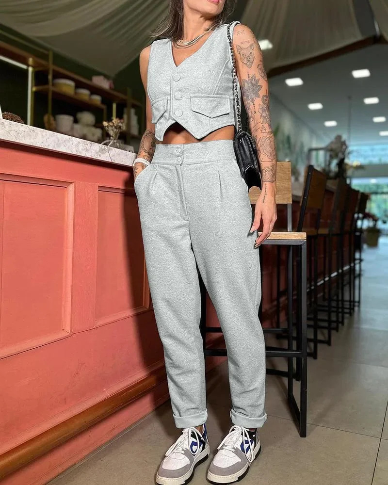 Two Piece Sets Women V Neck Sleeveless Single Breasted Vest Tops Casual Straight Long Pants Set Regular Splice Autumn 250516