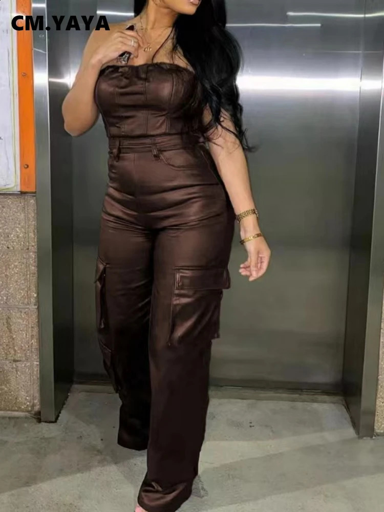 CM.YAYA Spring Strapless Sleeveless Sexy Off-Shoulder High Waist PU Leather Jumpsuit Party Club Rompers One Piece Outfits 250519