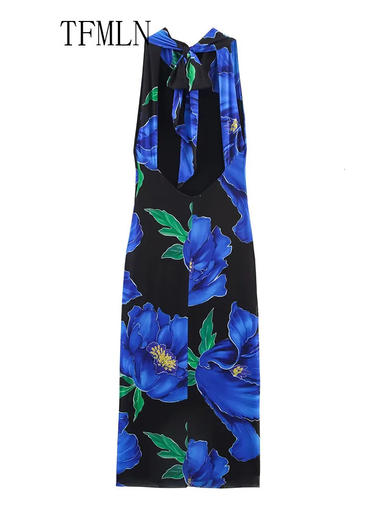 TFMLN Elegant Women Printed Halter Long Dress Summer Sleeveless Slim Backless Tulle Thin Party Fashion Causal 250520