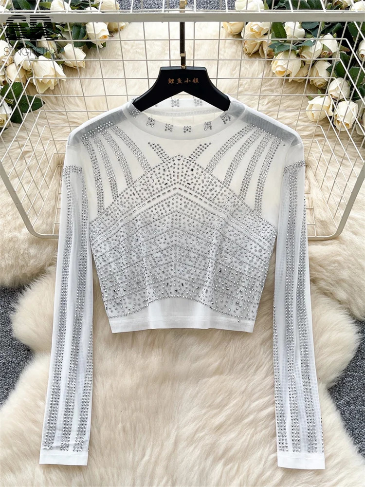 SINGREINY Senior Beading Sexy Blouse Women Long Sleeves O Neck Short T Shirt Girl Fashion Streetwear Shiny Crop Tops 250520