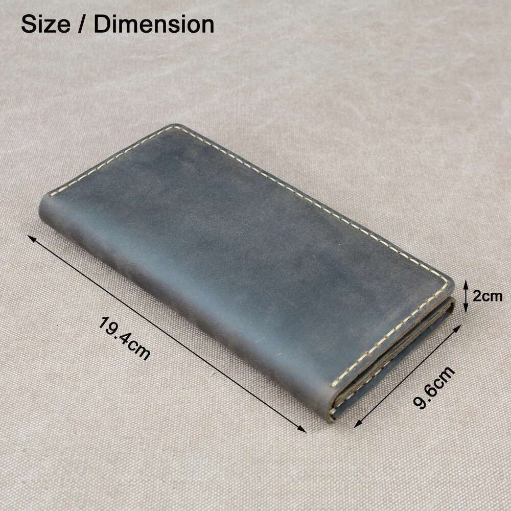 High Class Handmade Crazy Horse Genuine Leather Long Men Purse Bifold Clutch Wallet Male Money Clips Bag with Phone case