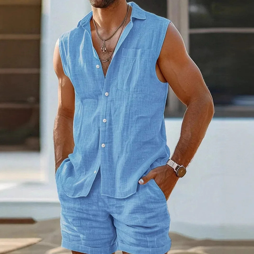 Sexy and fashionable European and American mens casual cardigan vest set in cotton and linen style 250519