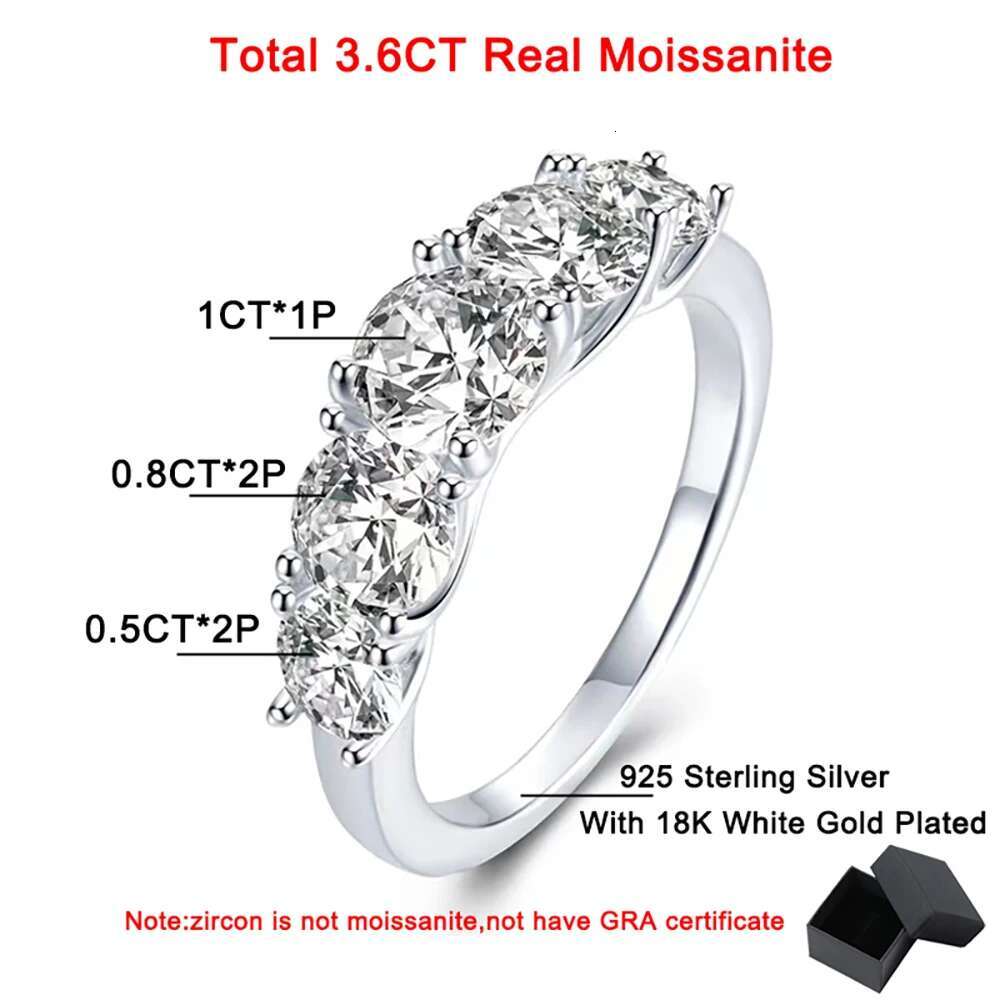 3.6CT All Moissanite Rings for Women 5 Stones Sparkling Diamond S925 Sterling Silver Wedding Band Jewelry with GRA Certificate