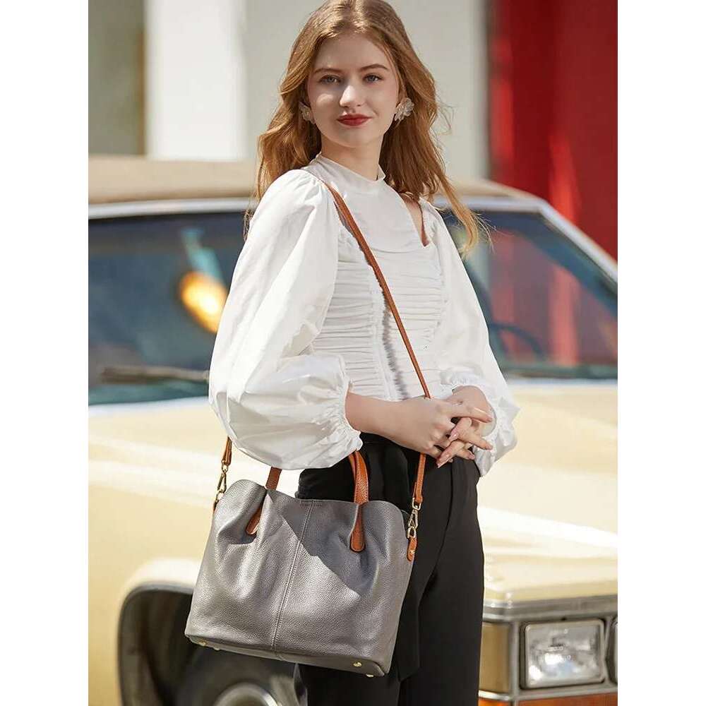 Zency Tote Bag Genuine Leather Women Large Composite Ruched Red Purse Top Layer Cowhide Shoulder Crossbody Handbag Versatile Sac