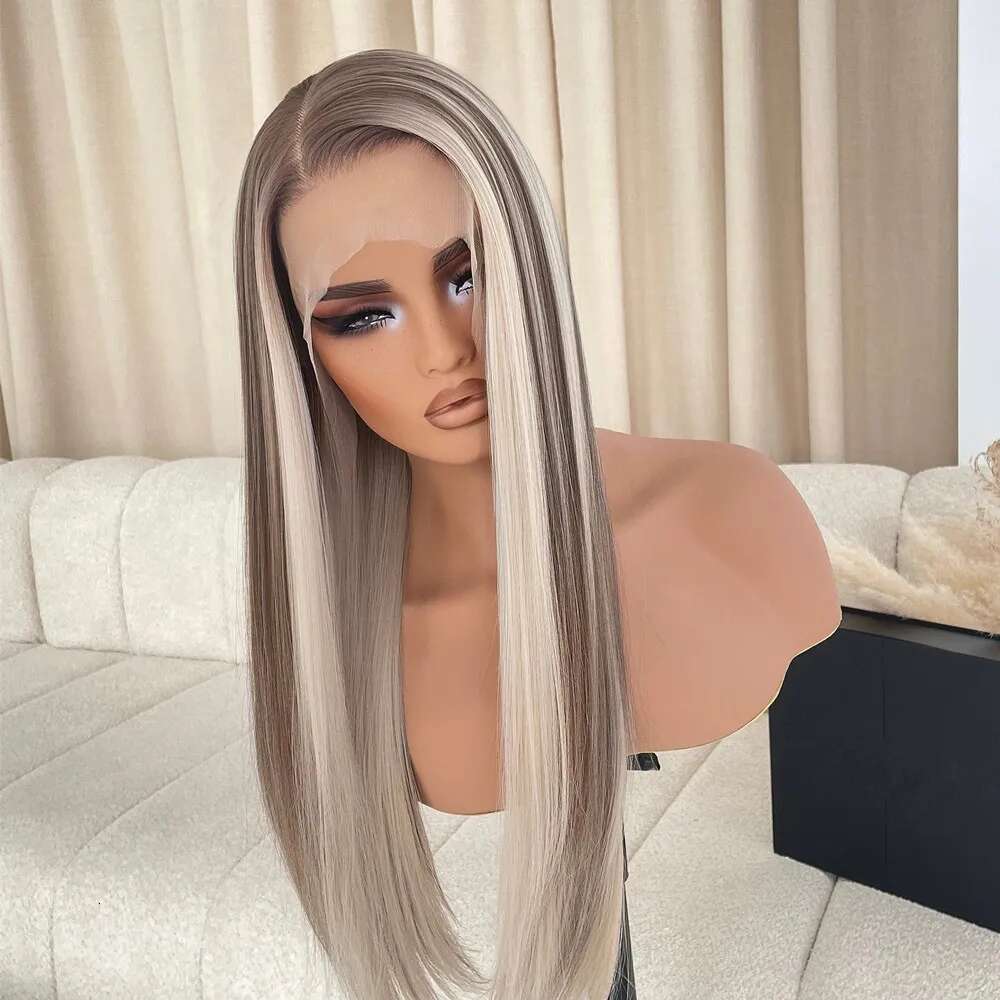 13x4 Front Wig Highlight Ash Blonde Straight Synthetic Lace Wigs for Women Preplucked Hairline Natural Density Long Hair