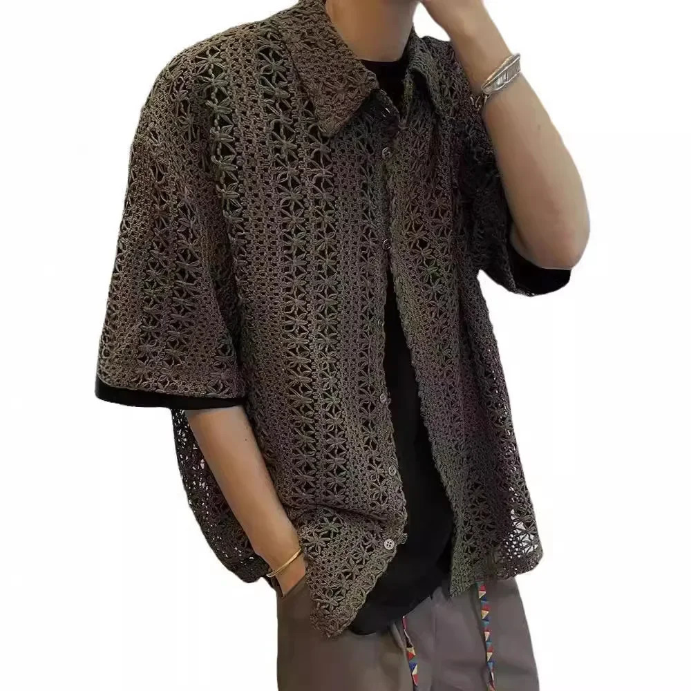 Summer American Style Vintage Distressed Versatile Military Green Knit Hollow Breathable Loosefit Casual Short Sleeve Shirt Men 250520