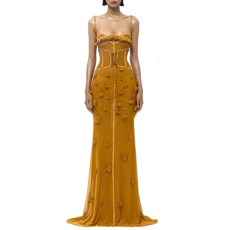 Sexy Strap Design 3D Embroidered Elastic Net Waist Cinching Long Vieamese Small Fashion Brand Summer Dress