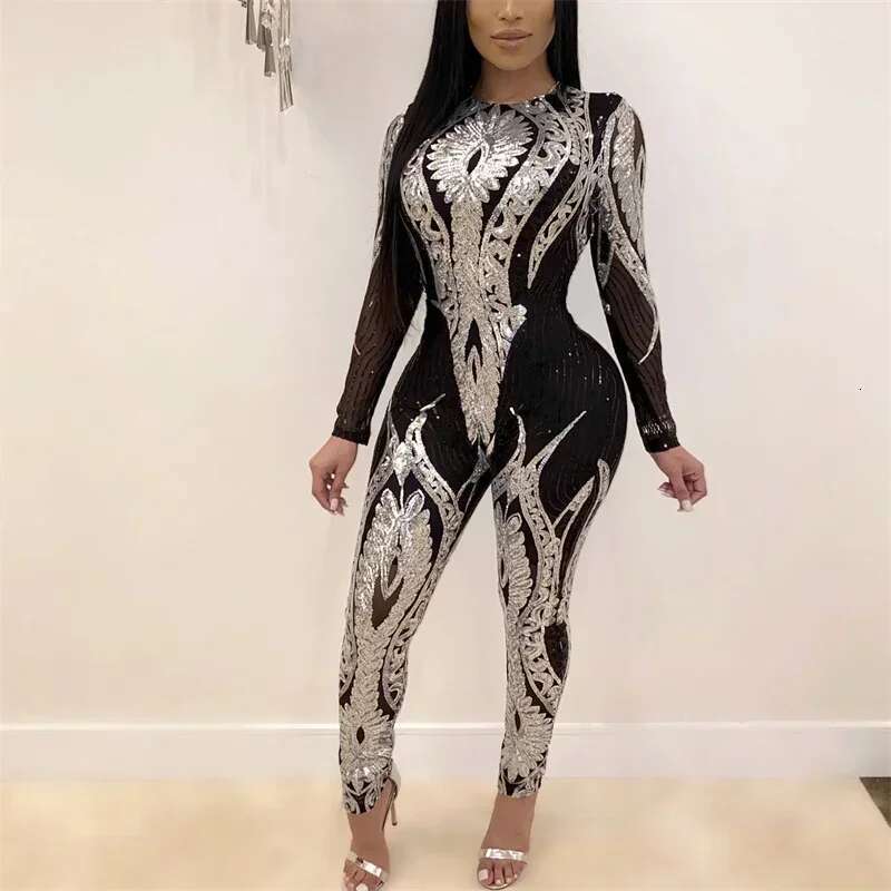 Fashion Patterned Sexy See-Through Jumpsuit Women Slim Fit Pencil Trousers Rompers Female Party Club Nightclubs One-Piece Pants