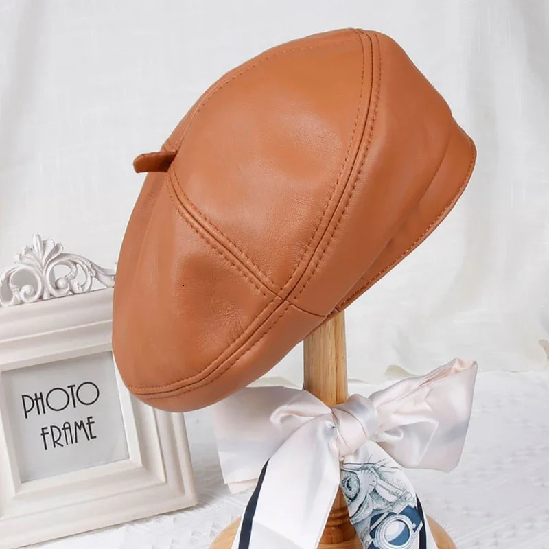 Women Beret Hat Genuine Leather Beret Caps Bucket Hats Caps High Quality Real Sheep Leather Berets Beanies 250520