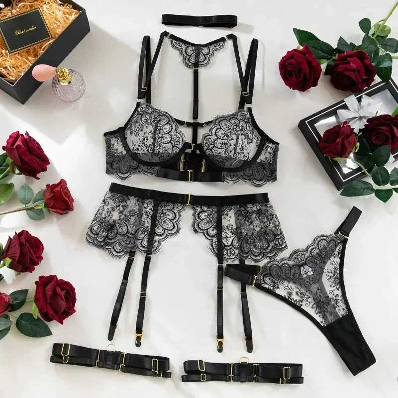 5 Piece Sexy Embroidery Underwear Set for Women Mesh Patchwork See-through Halter Underwear Garters Sexy Lingerie Set R250520