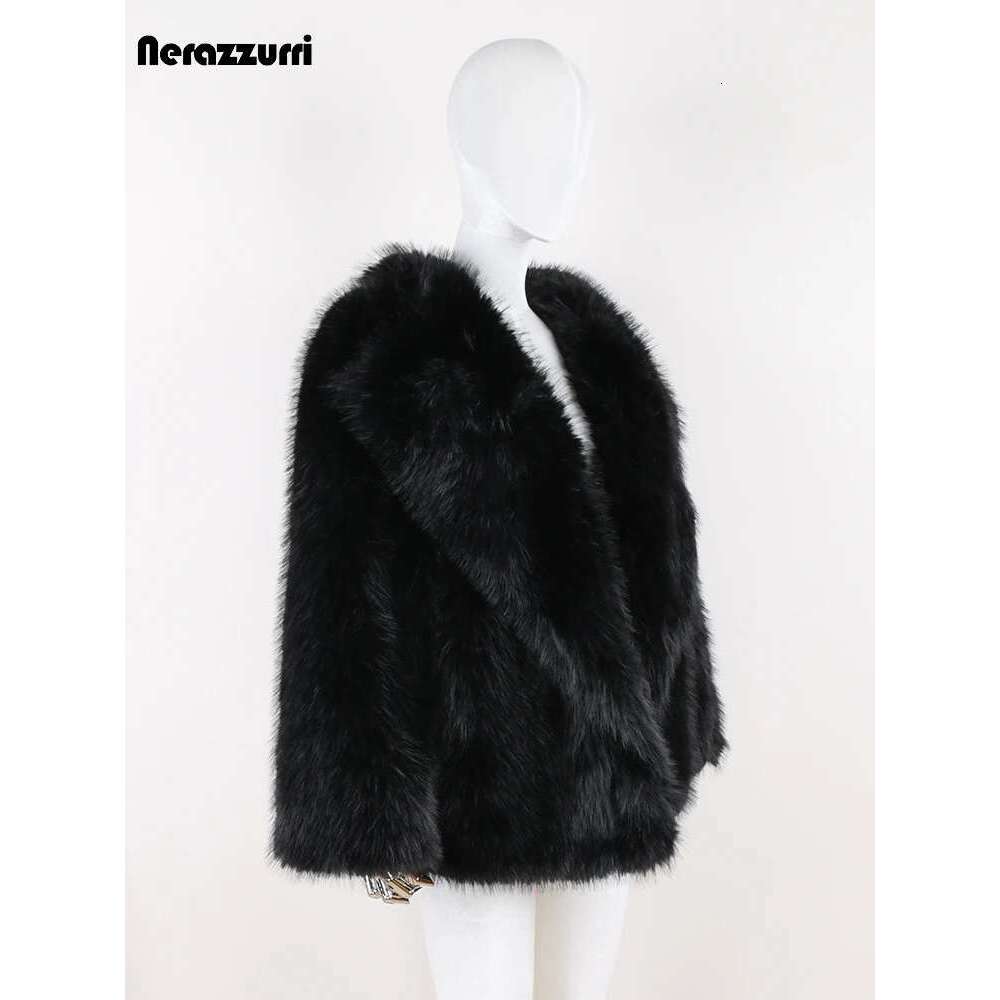 Nerazzurri Autumn Winter Black Thick Warm Hairy Shaggy Soft Faux Fox Fur Coat Women Long Sleeve Loose Casual Fluffy Jacket 2024