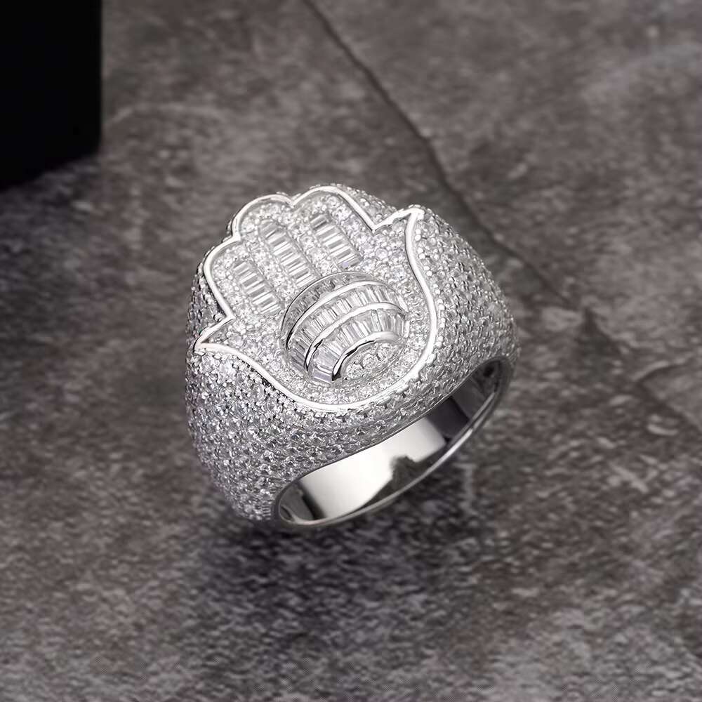 Hip Hop Bling Iced Out Zirconia Popular Custom 925 Plata Vintage 14K Baguette Iced Out Hamsa Hand Fatima Ring