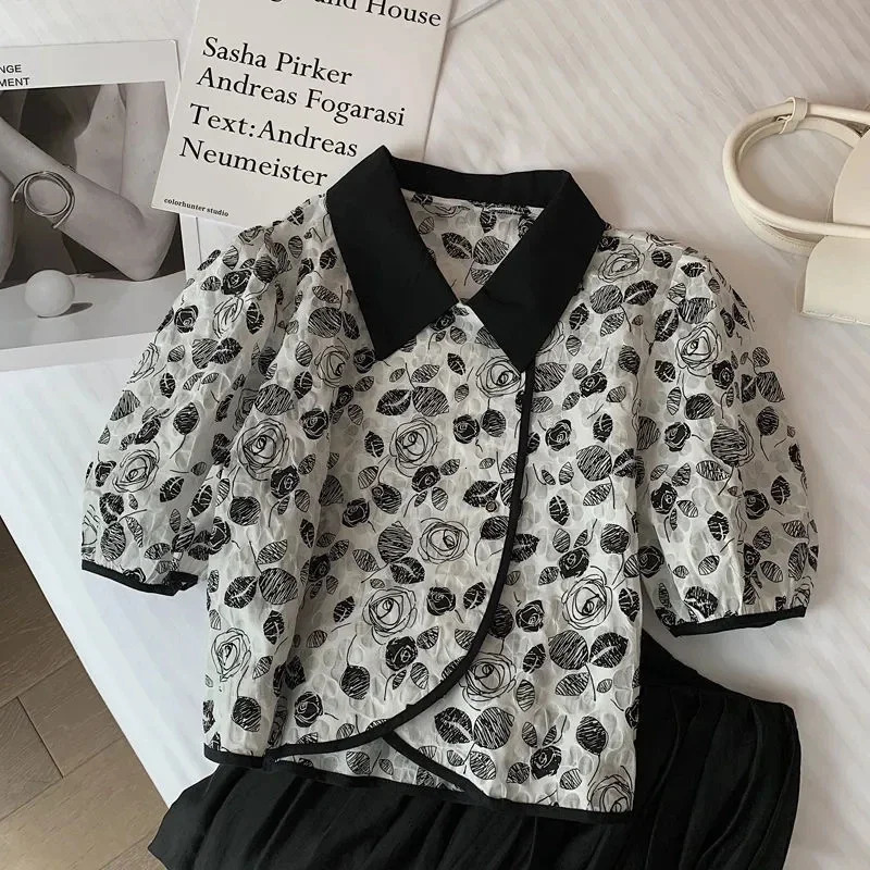 Black Floral Printing Elegant Chic PoloNeck Short Sleeve Womens Blouse Shirt Vintage Female Clothing Tops 2025 Fashion 250514