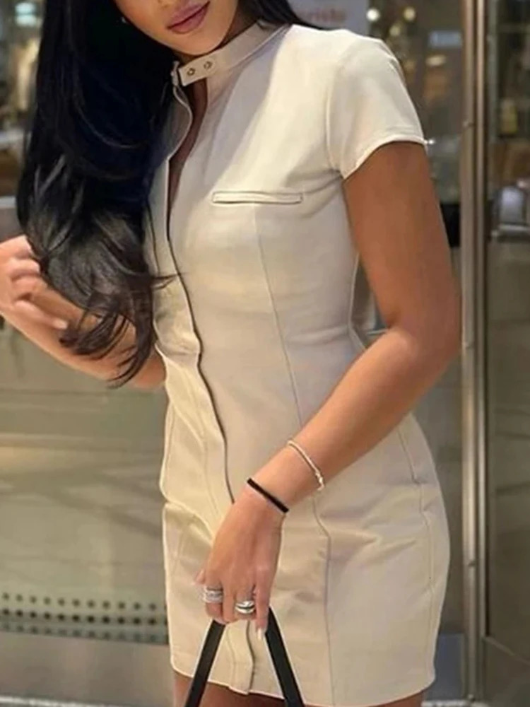 Elegant Zipper Hollow Out Mini Dress Women Summer Short Sleeve Button Pleated Hip Package Dresses Slim Female Solid Vestido 250519