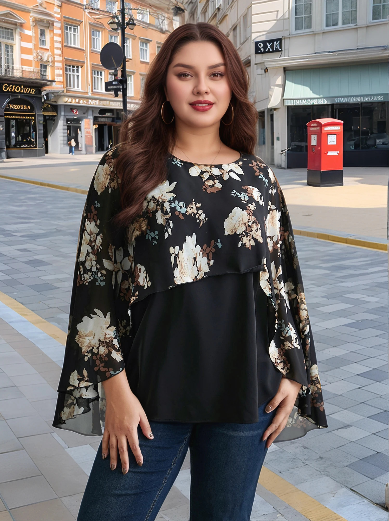PlusSize Womens Solid Layered Cape Sleeve Printed Top Versatile Round Neck TShirt Suitable for Summer Casual We 250514