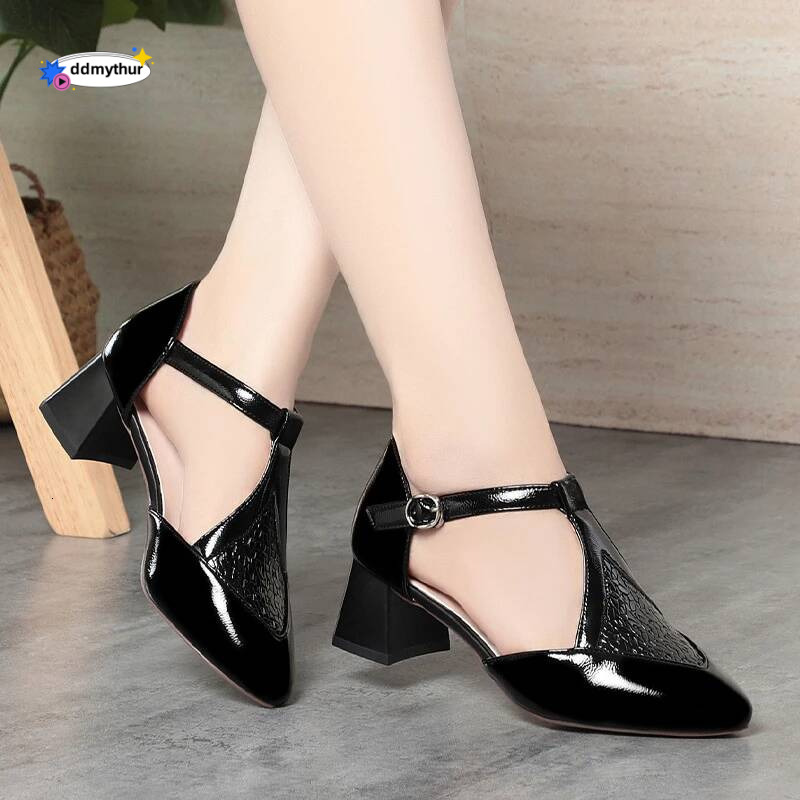 Baotou Sandals For Women In Summer 5cm Pointed Toe Woven Hollow Shallow Mouth T-Buckle Thick Heel Commuting Single Shoes Fashion ddmythur
