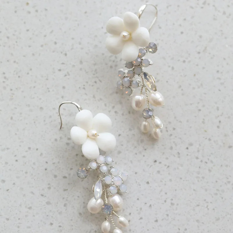 SLBRIDAL Ins Sparkling Opal Crystal Rhinestones Porcelain Flower Freshwater Pearls Bridal Wedding Earring Women Girls Earrings 250517