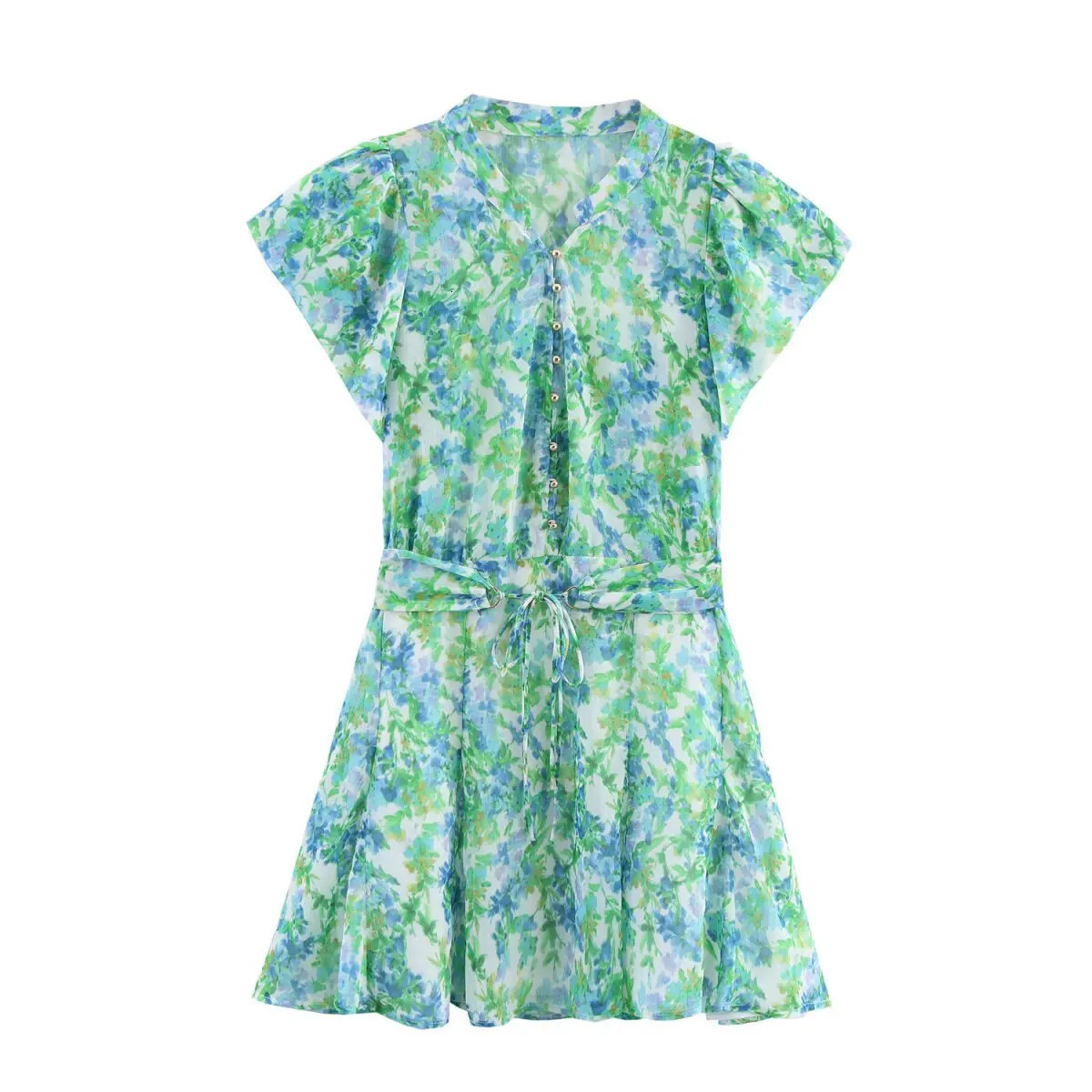ZBZA Womens Printed Laceup Dress Round Neck Short Sleeve Singlebreasted Aline Mini Skirt Spring Summer Casual Chic Suit 250520
